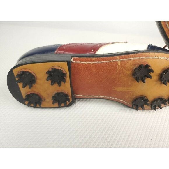 Vintage 60s Patent Leather Golf Shoes Oxfords Mens 9.5 Red White Blue USA - Picture 12 of 12